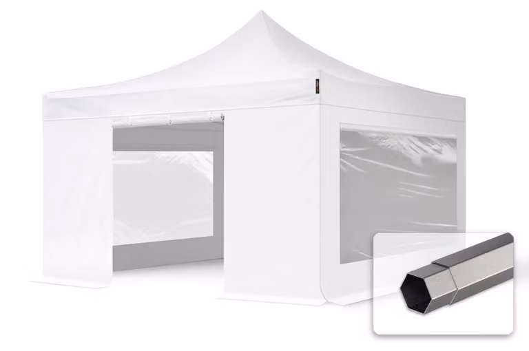 TOOLPORT 4x4 m gazebo pieghevole con laterali (finestre panoramiche), PREMIUM acciaio, bianco