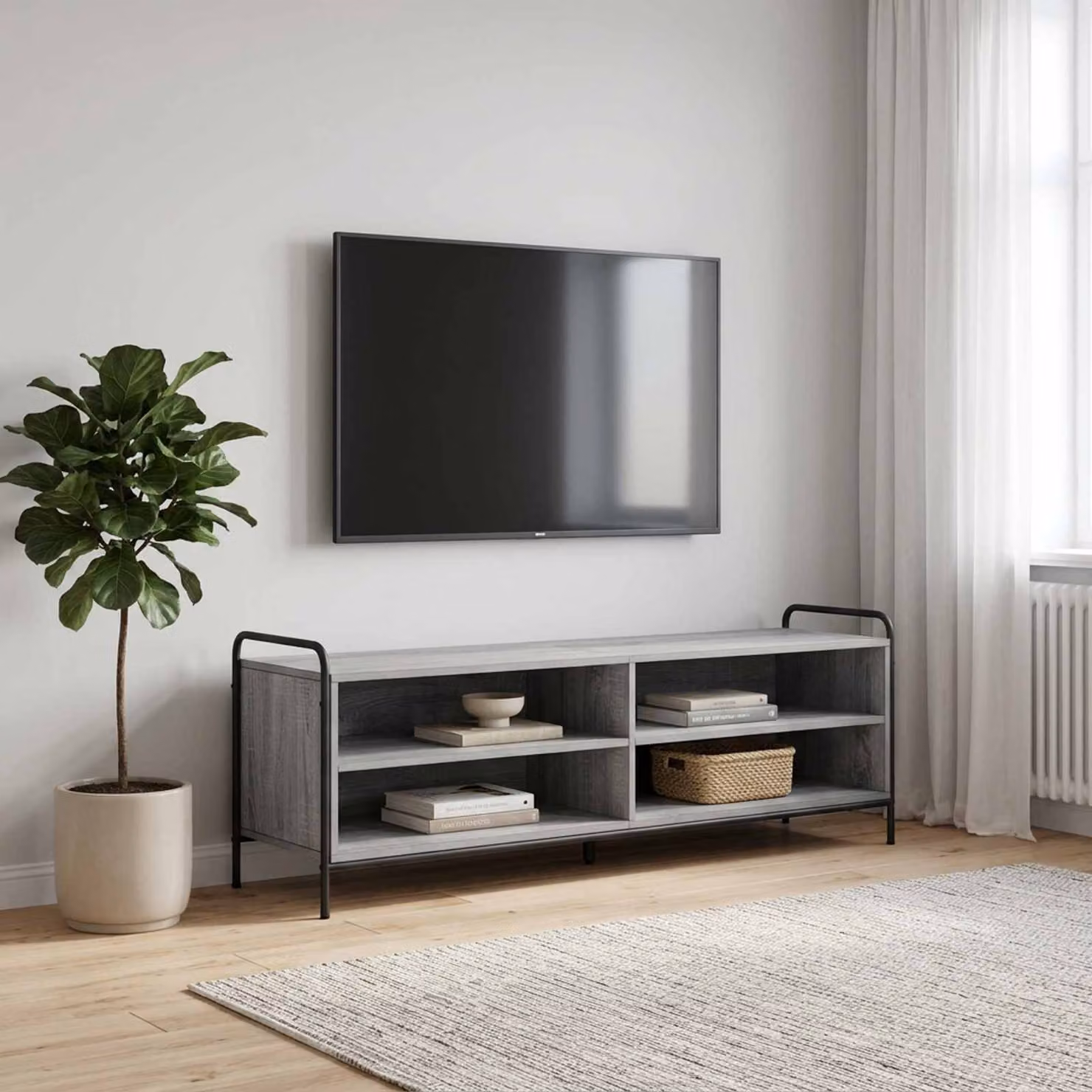 Mobile TV vidaXL moderno in legno ingegnerizzato e metallo, colore grigio Sonoma, L 140 cm x P 39,5 cm x H 50 cm