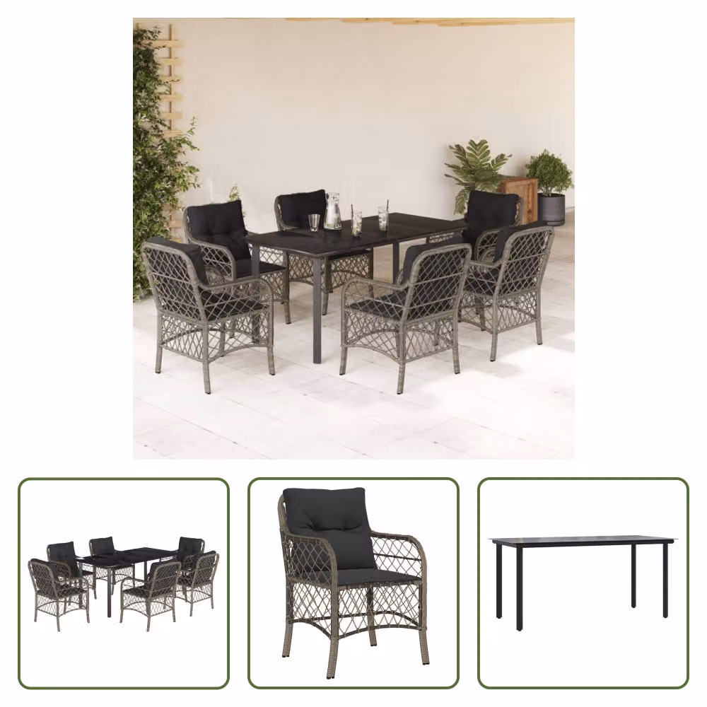 The Living Store Set da pranzo da giardino 7 pezzi con cuscini in poly rattan grigio