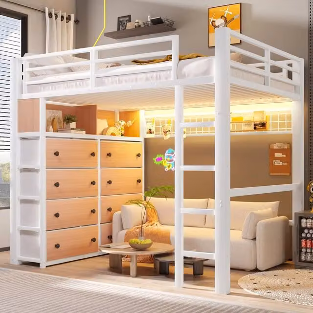 Letto a soppalco con cassetti LED ¨C Minimal ¨C Bianco metallo 140x200 cm