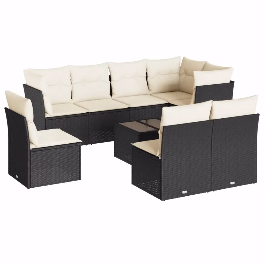 vidaXL Set Divani da Giardino a L 9 pz in Polyrattan Nero con Cuscini e Tavolino da Esterno – 2