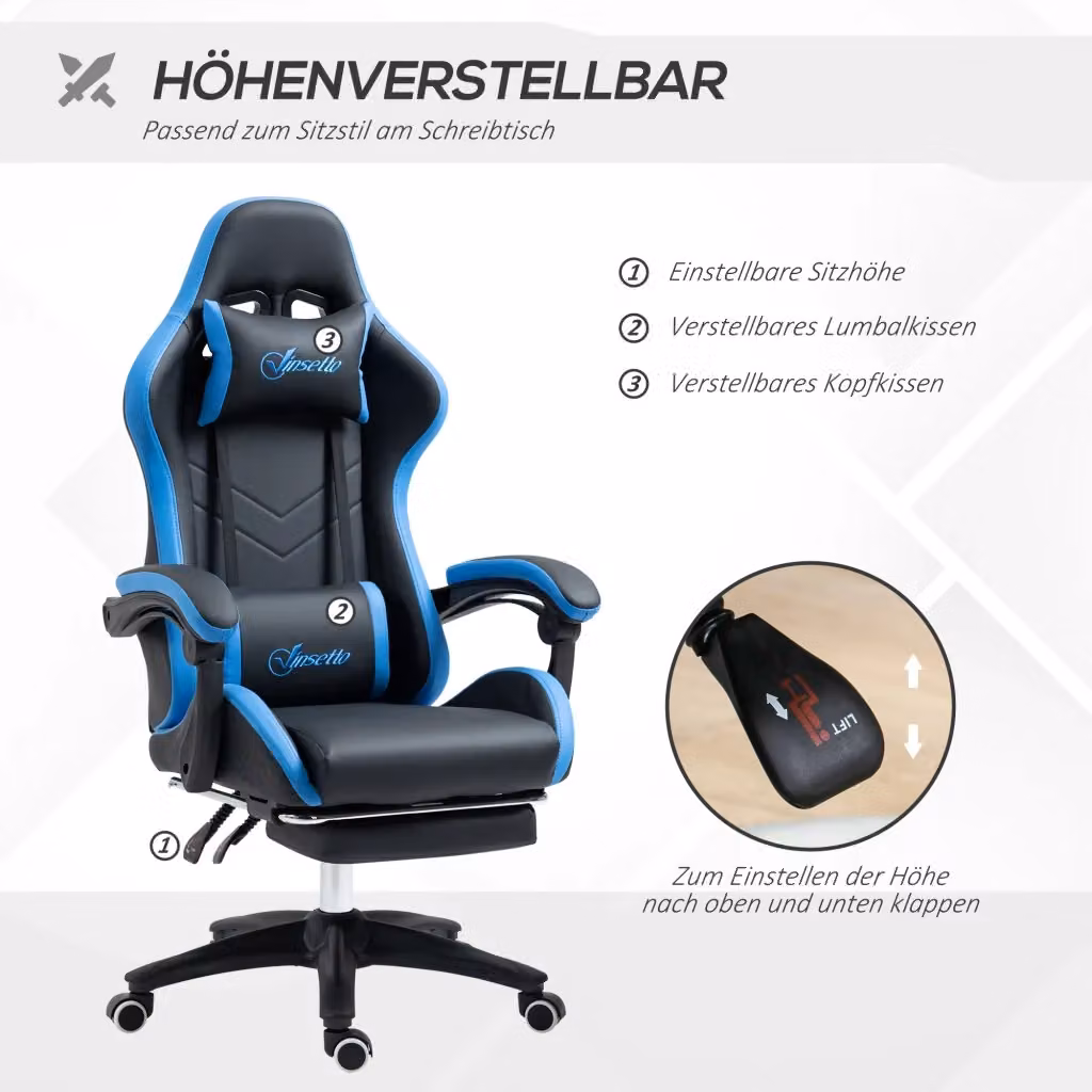 Sedia da ufficio gaming OKWISH in similpelle nera con poggiatesta, braccioli e base multidirezionale – 2