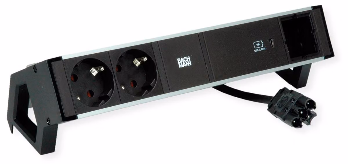 BACHMANN DESK2 ALU BLACK 2xUSBC, caricatore USB 60W 1xABD 0,2m GST18
