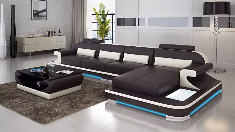 Ledersofa Couch Wohnlandschaft Ecksofa Eck Garnitur Design Modern Sofa LED USB