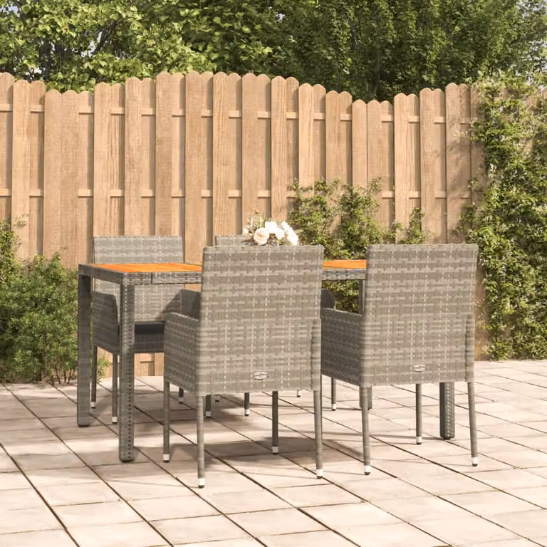 Set da pranzo da giardino vidaXL in polyrattan e legno di acacia grigio con 5 pezzi e cuscini