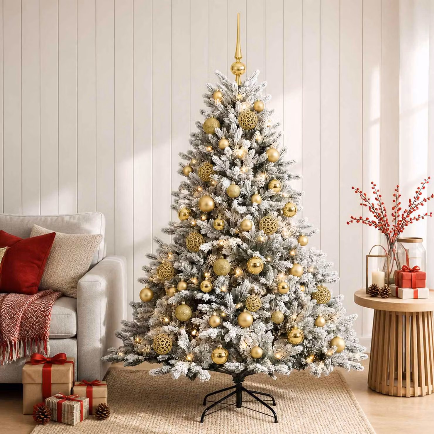Albero di Natale artificiale moderno vidaXL verde con 150 LED bianco caldo e palline bianche, Altezza: 120 cm