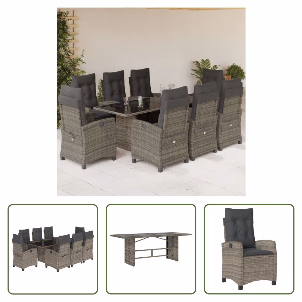 The Living Store Set da pranzo da giardino 9 pezzi con cuscini in poly rattan grigio