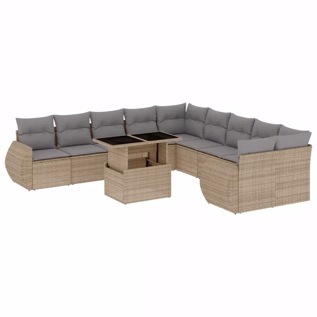 Set di Divani da Giardino vidaXL in Polyrattan con Cuscini Beige e Grigio, Composizione a L con Tavolino e 11 Pezzi – 2