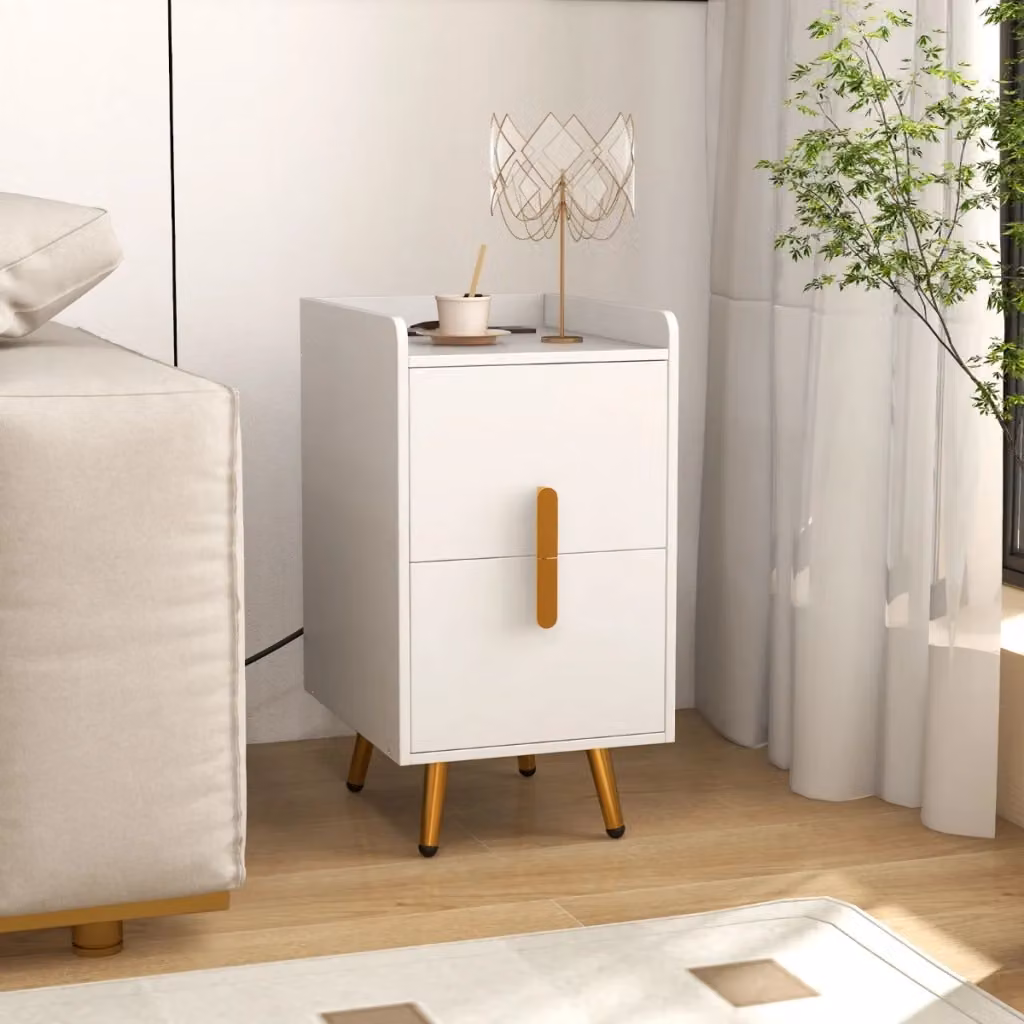 Comodino moderno bianco con 2 cassetti e stazione di ricarica con 2 porte USB e 3 prese, L: 60 cm, P: 32 cm, H: 40 cm – 2