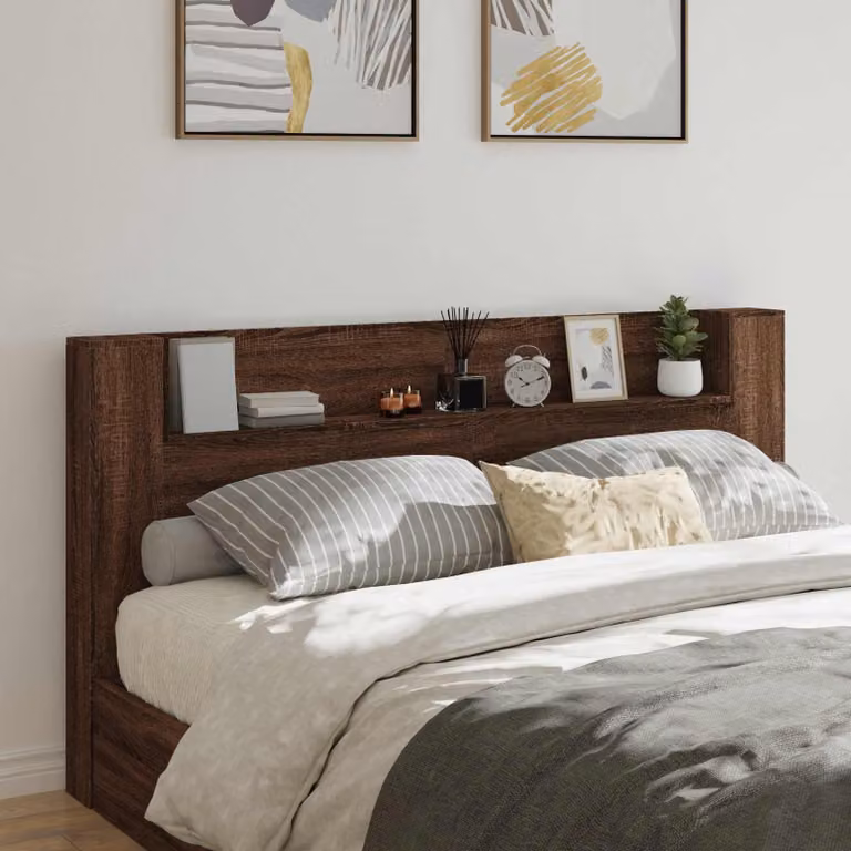 Testiera con stoccaggio e illuminazione LED vidaXL in legno Rovere Marrone con ripiano e porta USB