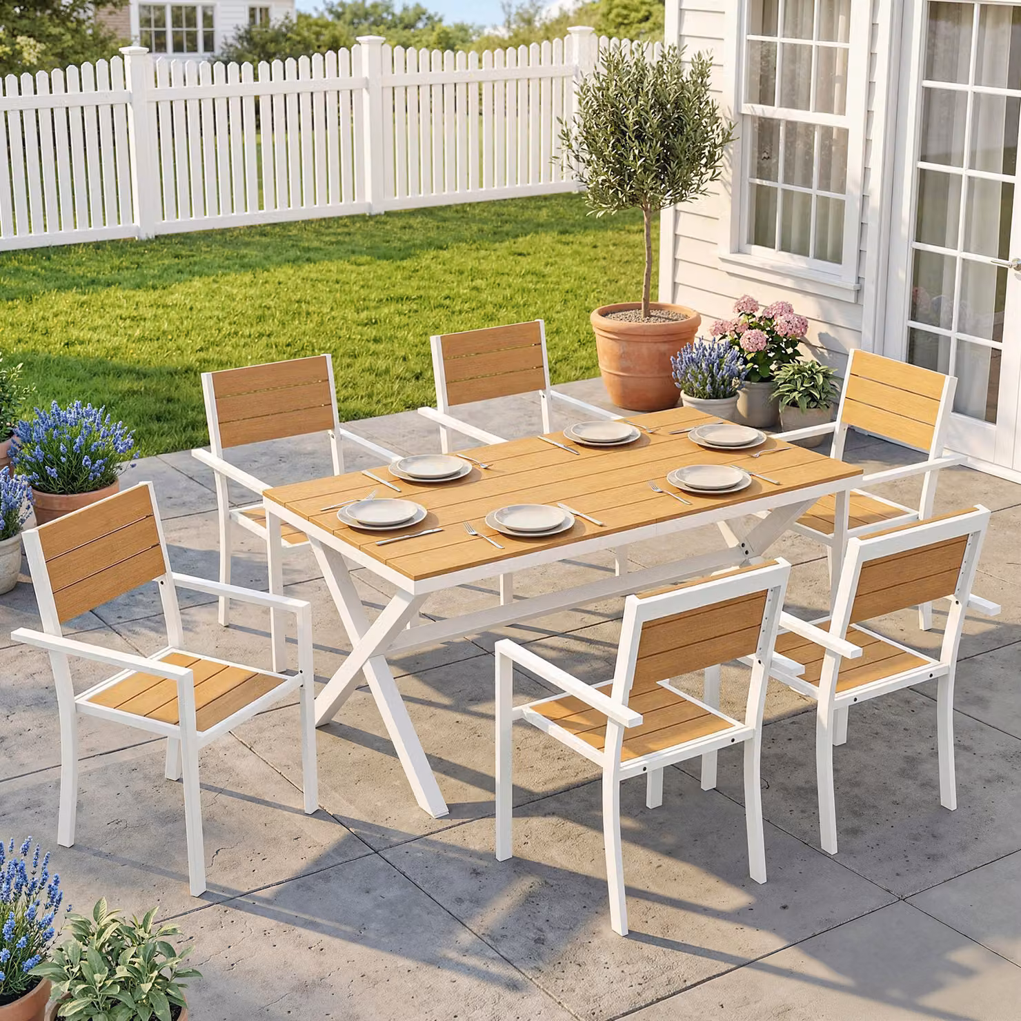 Set da pranzo da giardino Outsunny composto da 7 pezzi con tavolo rettangolare e sedie impilabili in alluminio e legno color marrone e bianco – 2