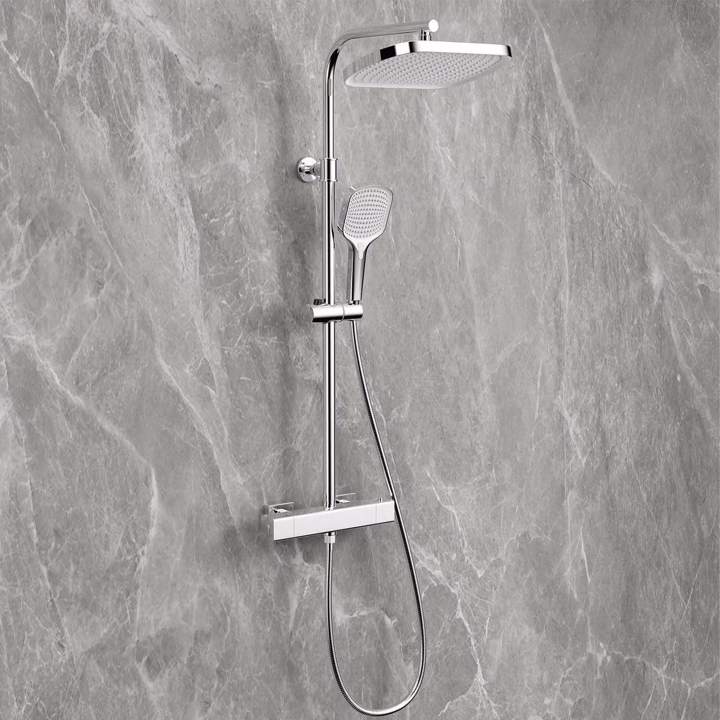 Set completo per sistema doccia termostatico, cromato, con doccia a pioggia da 32 cm, soffione manuale con 3 getti, e altezza regolabile da 79 a 128 cm