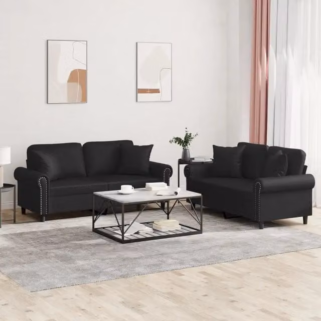 Set di 2 divani moderni vidaXL in similpelle nera con cuscini inclusi