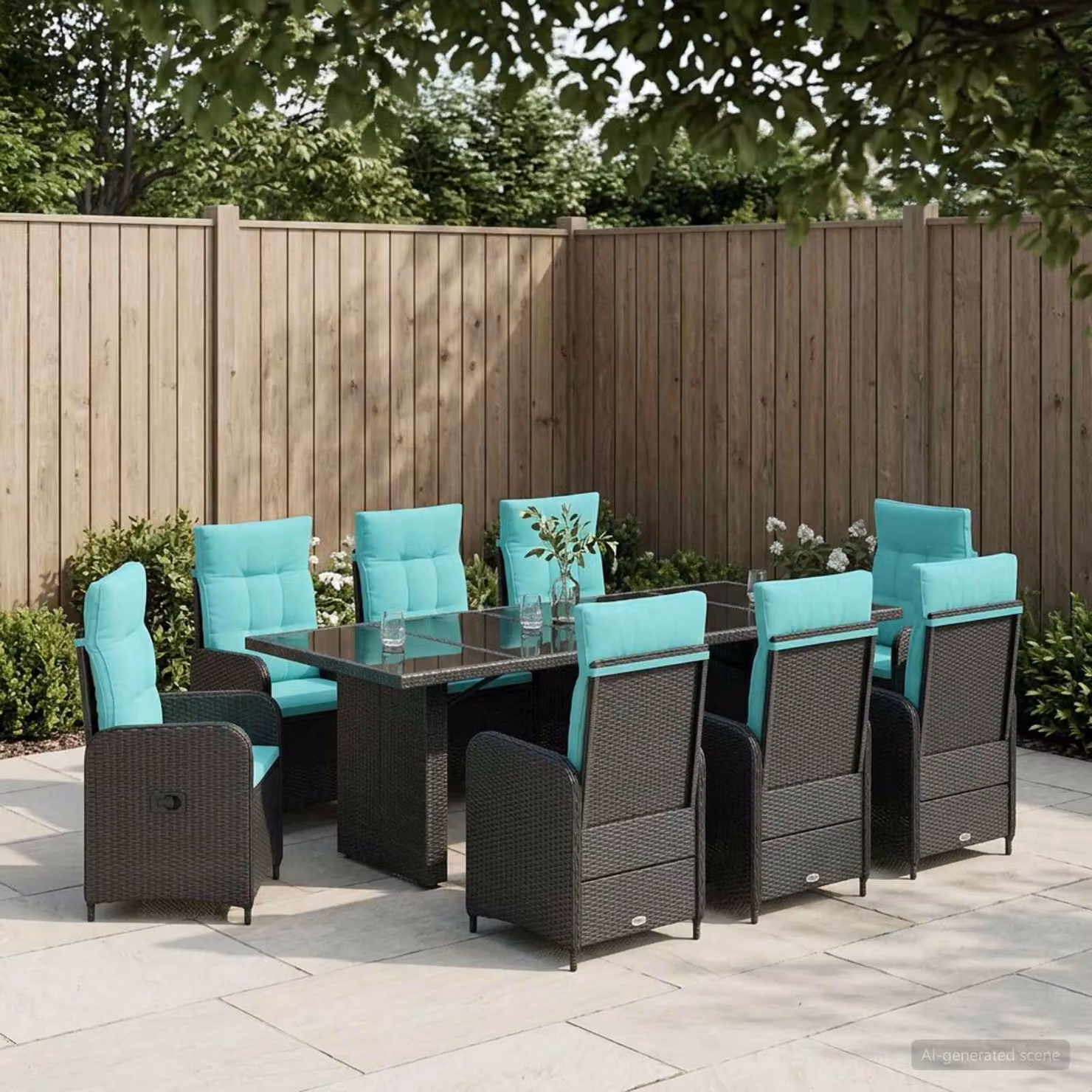 Set da pranzo per esterni vidaXL in polyrattan da 9 pezzi, colore nero e turchese, con tavolo rettangolare in legno di acacia