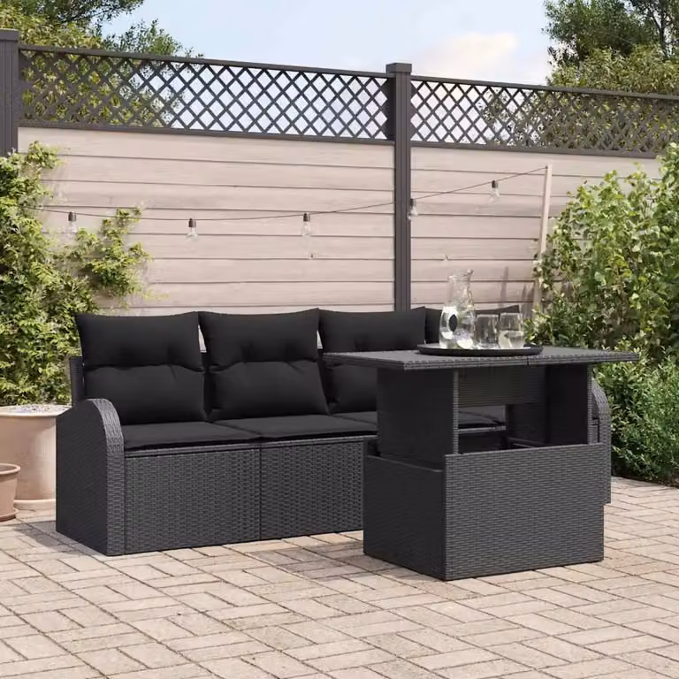 vidaXL Set Divano da Giardino Moderno 5 Pezzi Nero con Tavolino e Cuscini in Rattan e Metallo