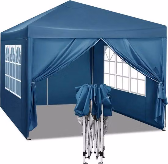 Tenda per feste Happyment con pannelli laterali - Blu - Gazebo pieghevole Easy-Up - Resistente all'acqua e ai raggi UV - 3x3 m - Altezza regolabile