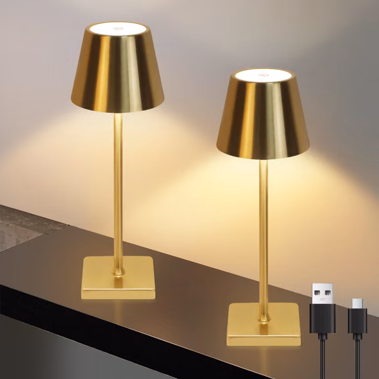 ZMH Lampada da tavolo LED Set di 2 lampade a batteria senza fili USB Lampada da comodino touch dimmerabile 3 temperature di colore Oro Lampade da tavolo vintage per camera da letto Tavolo da soggiorno Ristorante
