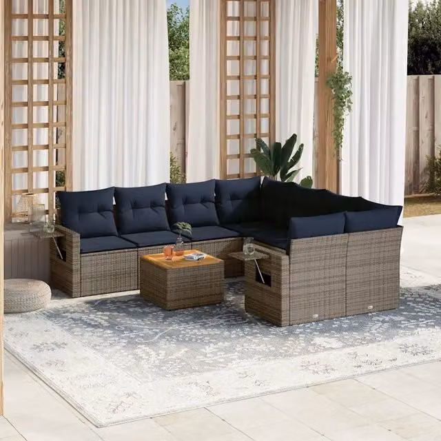 Set Divani da Giardino 9 pz con Cuscini Grigio in Polyrattan 3224493