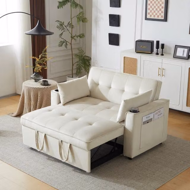 Divano letto matrimoniale 3 in 1 con schienale reclinabile portabicchieri e tasche laterali in velluto beige per interni