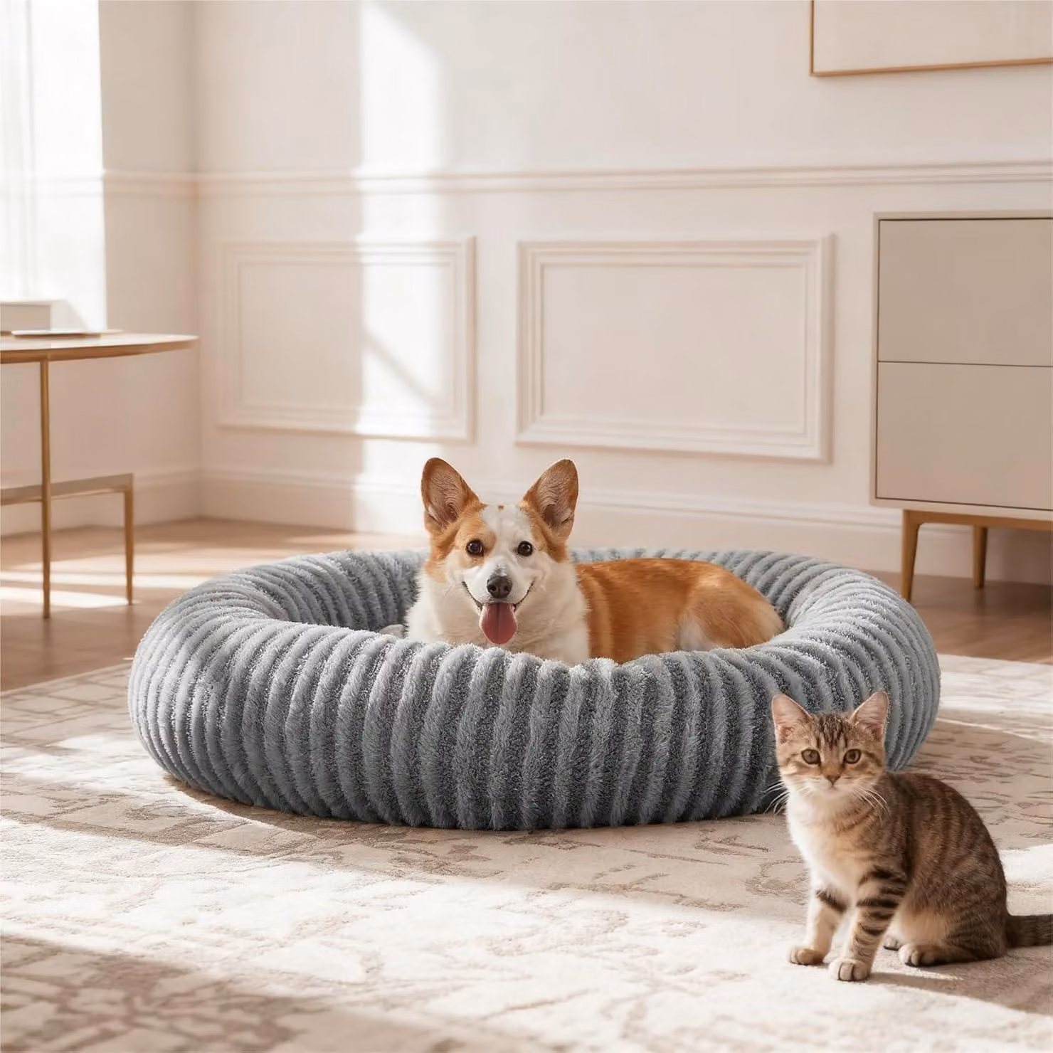 Cuccia rotonda per cani, 58 x 58 x 20 cm, in pile tipo peluche, con rivestimento removibile, base antiscivolo, ideale per cani di piccola taglia