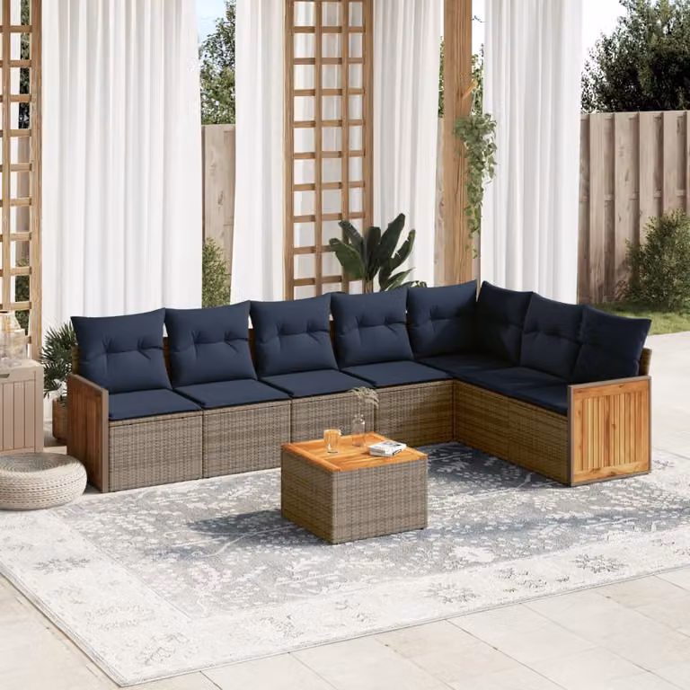 Set Divani da Giardino vidaXL 8 pz in Polyrattan con Cuscini e Tavolino, Design Moderno a L, Grigio e Blu