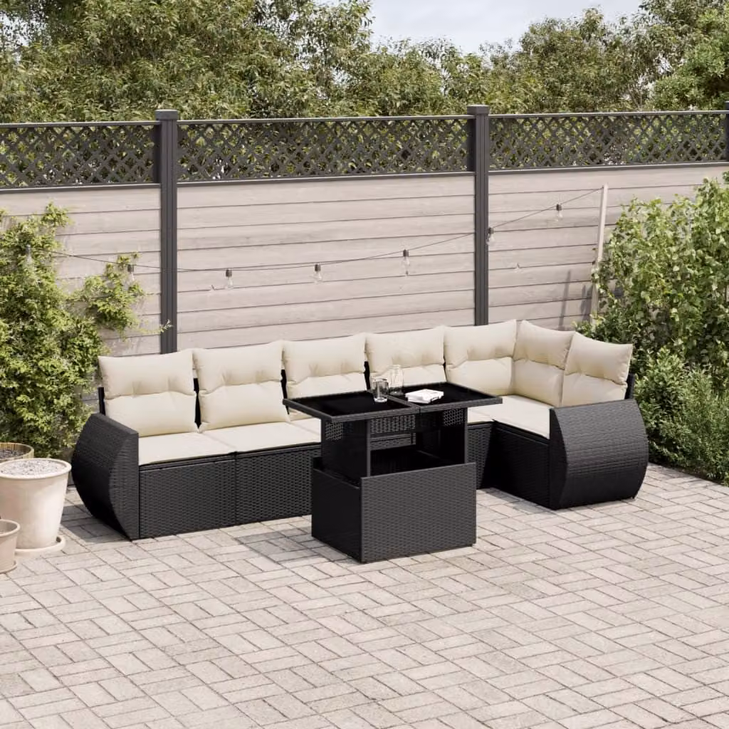 vidaXL Set Divano da Giardino a L con 7 Pezzi in Polyrattan Nero e Cuscini Imbottiti con Rivestimenti Rimovibili – 1