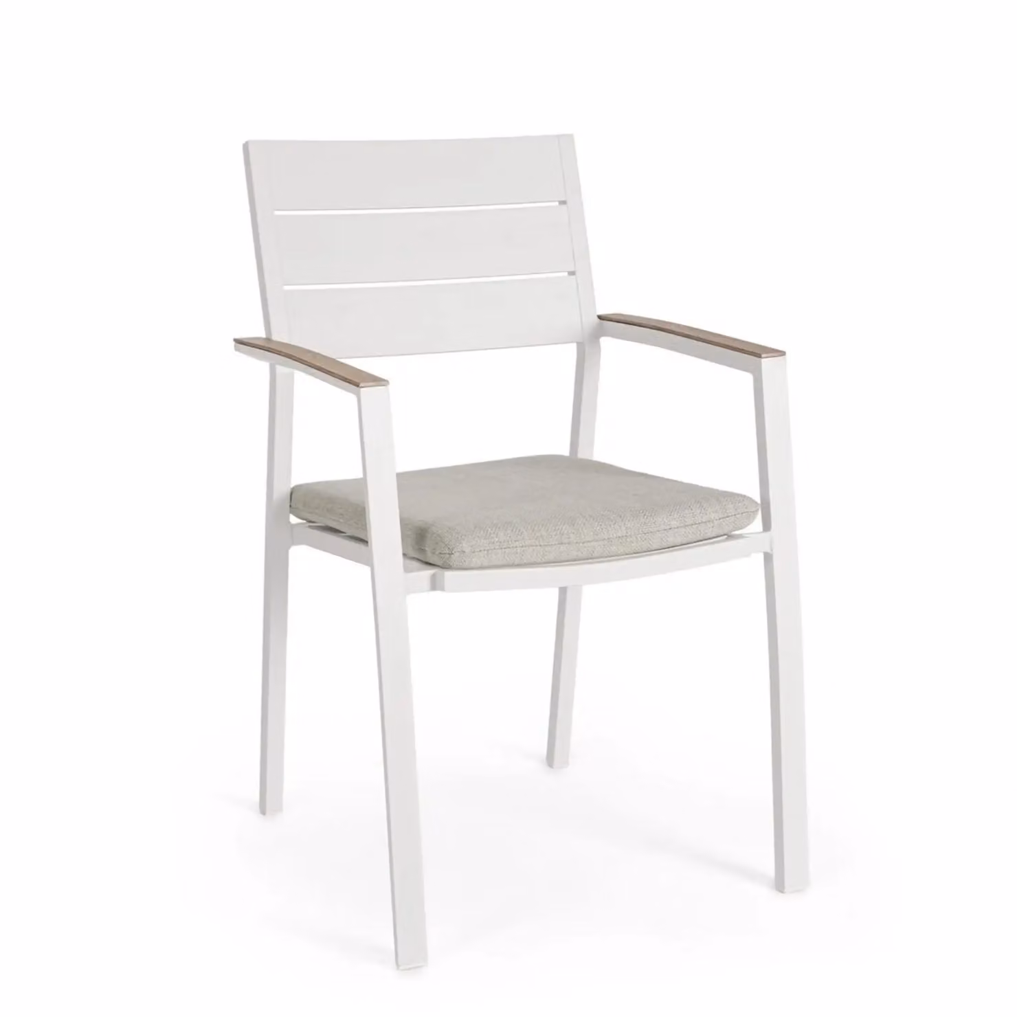 Set 4 sedie da giardino ZELMAR con cuscino beige, braccioli effetto legno e struttura in alluminio bianco