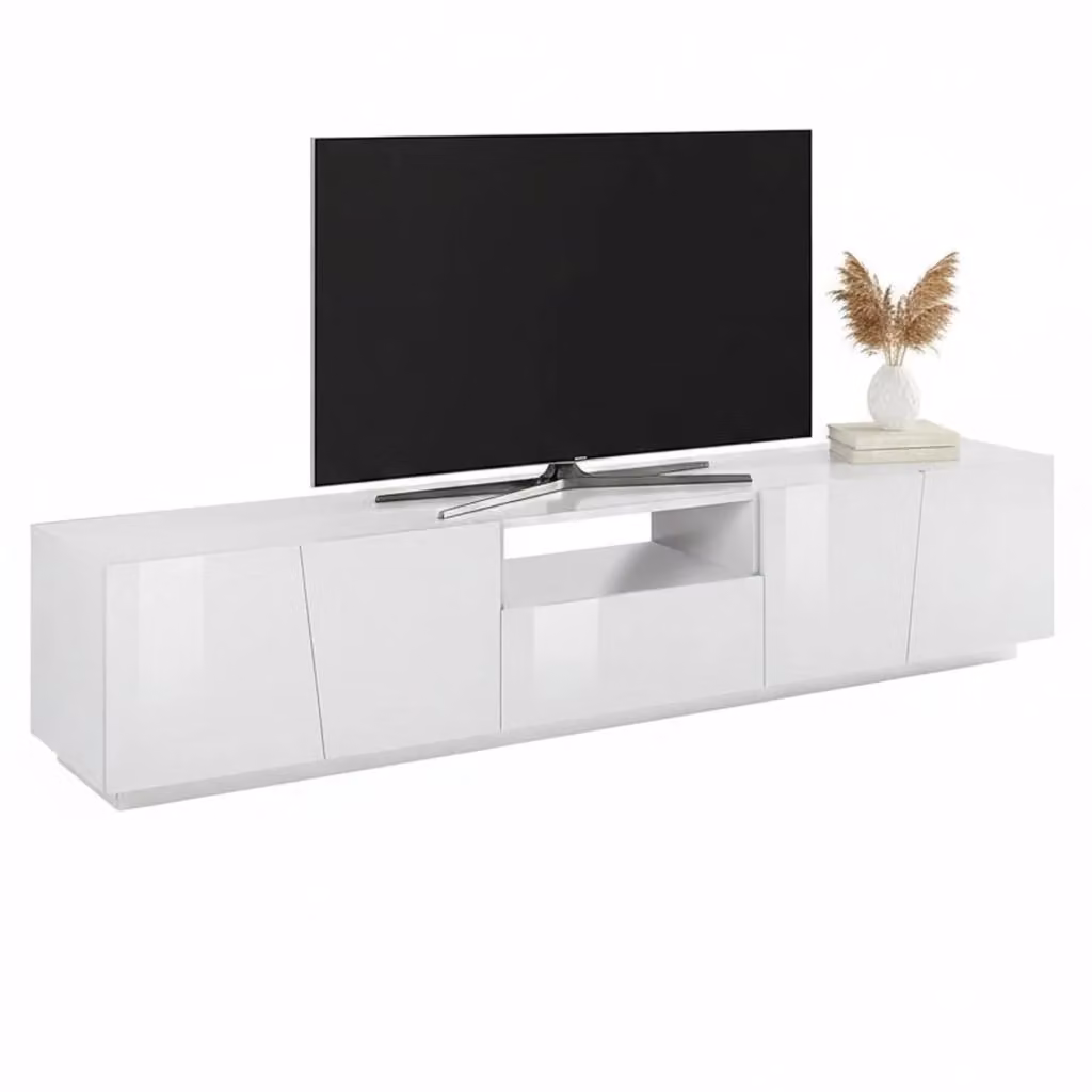 Credenza da soggiorno DMORA Azzurras con 4 ante e 1 cassetto, Bianco lucido, L: 220 cm, H: 43 cm, P: 46 cm – 2