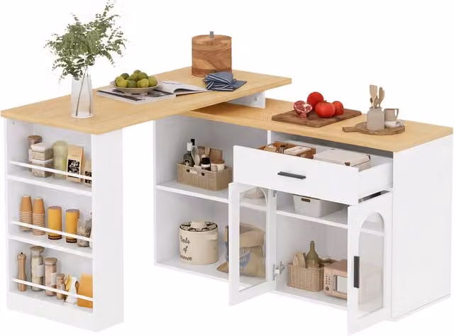 Isola da Cucina 136x50x78 cm Bianca e Rovere con Tavolo Girevole 360°, Cassetto e Ripiani