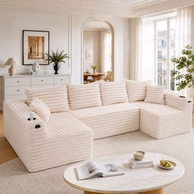Divano panoramico modulare a U MIVRAY in velluto a coste beige con portabicchieri, tasche laterali e 6 cuscini inclusi
