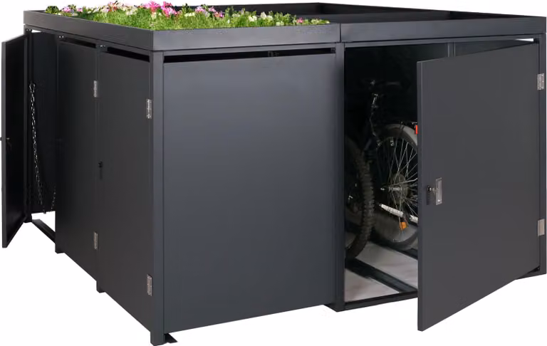 cestino a 3 scomparti / garage per 2 biciclette con fioriera HWC-N79, chiudibile a chiave 130x193x208 cm metallo antracite