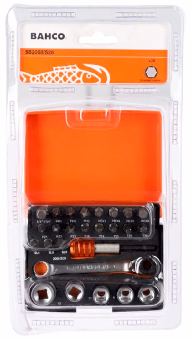 Set di chiavi a bussola Bahco da 1/4" per viti a fessura, a croce, Pozidriv, TX e a esagono interno - 26 pezzi, confezione in cartone