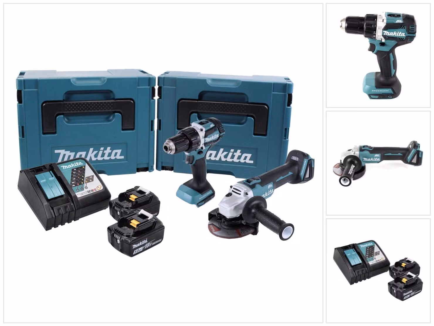 Kit combinato a batteria Makita DLX 2190 TJ1 Trapano avvitatore a batteria DDF 484 + smerigliatrice angolare a batteria DGA 504 + 2x batteria ricaricabile 5,0 Ah + caricabatterie + 2x Makpac