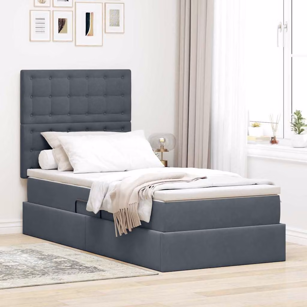 Letto con contenitore e illuminazione LED vidaXL in velluto grigio, L/P/H: 190 x 90 x 128 cm – 1