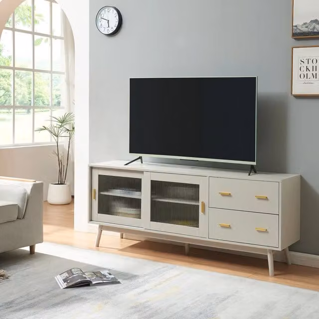 Mobile Porta TV Susa en.casa con cassetti e ante scorrevoli in vetro scanalato, colore beige, L/P/H: 160 x 40 x 65 cm