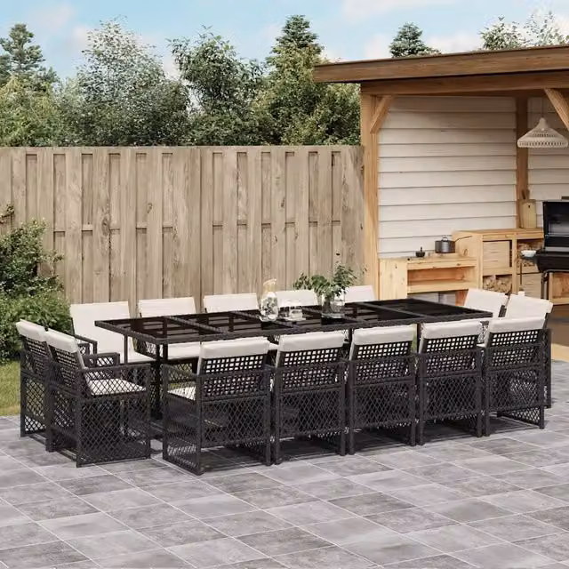 Set da Pranzo da Giardino vidaXL in Polyrattan Nero con Cuscini e Tavolo in Vetro, 15 Pezzi – 1