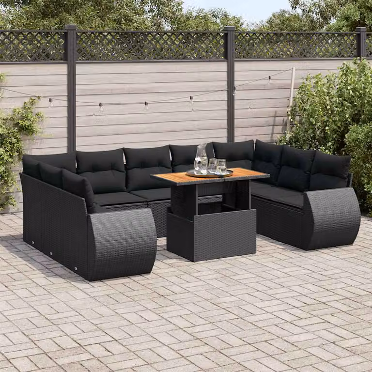 Set di divani da giardino vidaXL 10 pezzi in rattan e legno di acacia oliato con cuscini colore nero