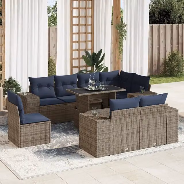 Set Divani Giardino 9 pz con Cuscini Polyrattan Grigio Acacia 3326822