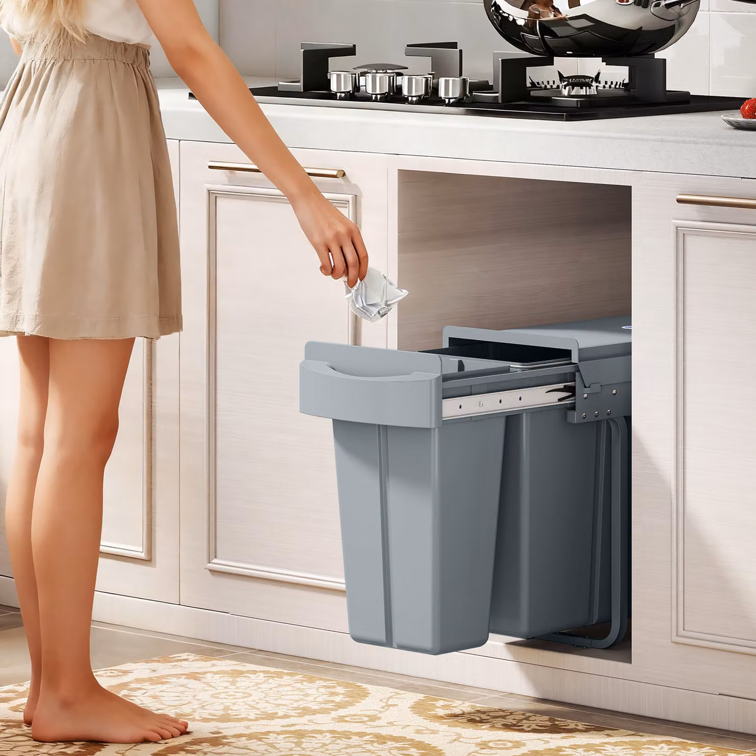 Pattumiera da cucina scorrevole HOMCOM da 30L con 2 scomparti e coperchio satinato, grigio, L: 52 cm, P: 26 cm, H: 40,8 cm – 2