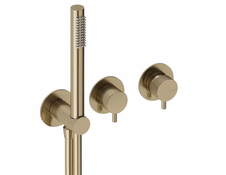 SANYCCES LOOP K Miscelatore incasso a 2 vie per doccia con deviatore, doccetta e flessibile, finitura oro spazzolato