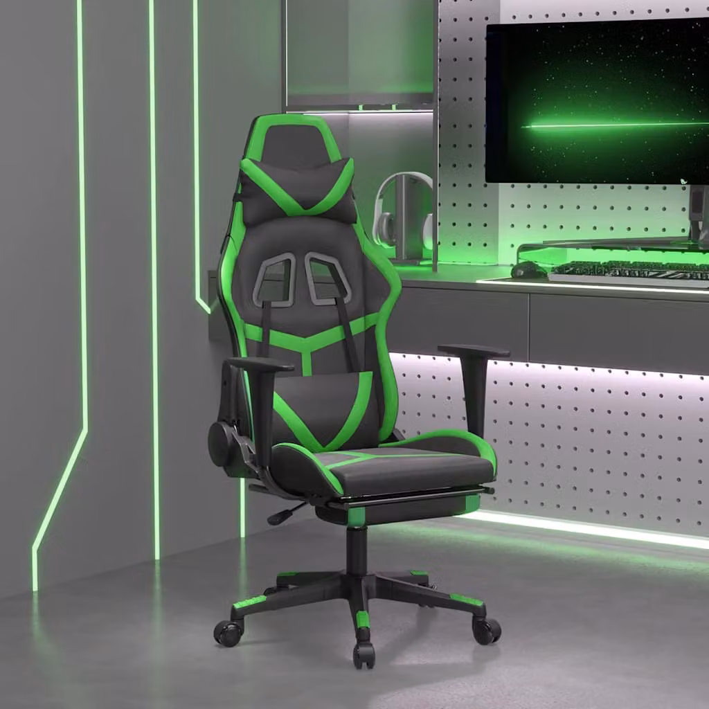Sedia da Gaming vidaXL con Massaggio e Poggiapiedi, Rivestimento in Similpelle Nero e Verde, con Braccioli e Ruote, Girevole a 360 Gradi