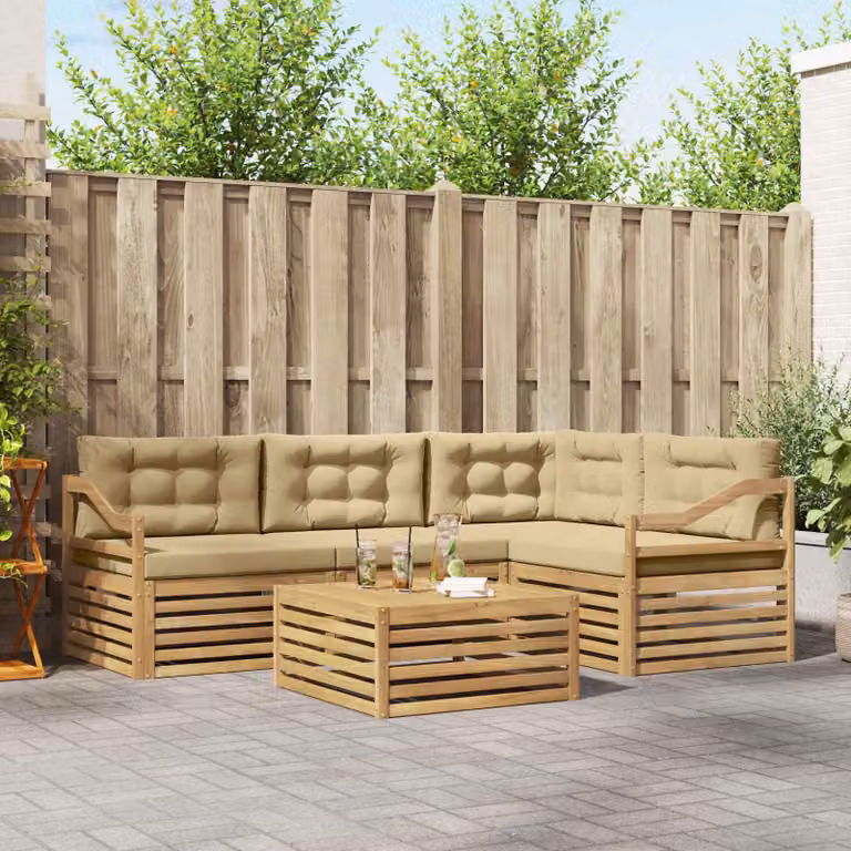 Set di divani da esterno vidaXL 5 pezzi a forma di L con tavolino, in legno di acacia e tessuto bianco e beige