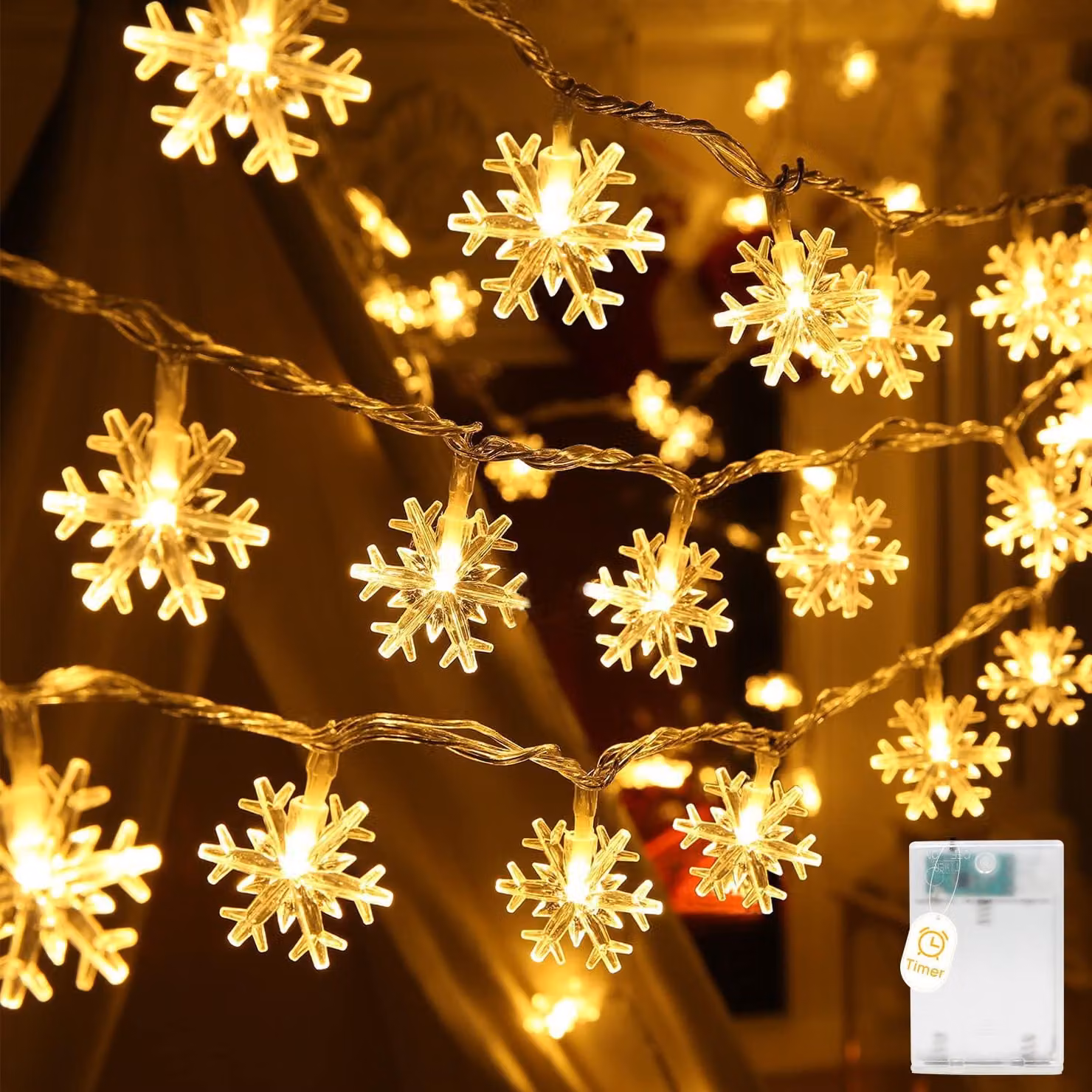 Catena luminosa a forma di fiocchi di neve, 5 metri, 50 LED, alimentazione a batteria, timer, luce bianco caldo