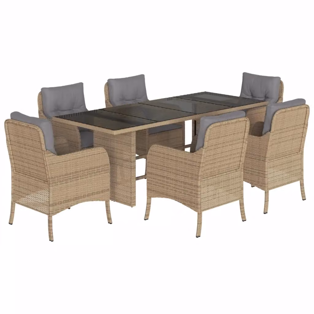 Set da Pranzo da Giardino 7 pz vidaXL in Polyrattan con Cuscini Beige e Grigio e Tavolo in Vetro – 2