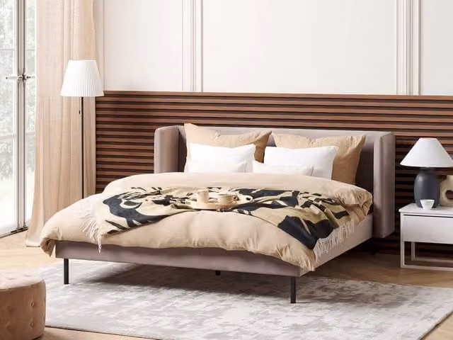 Letto Beliani moderno in velluto beige con rete a doghe arcuate L/P/H: 215 x 160 x 95 cm – 1