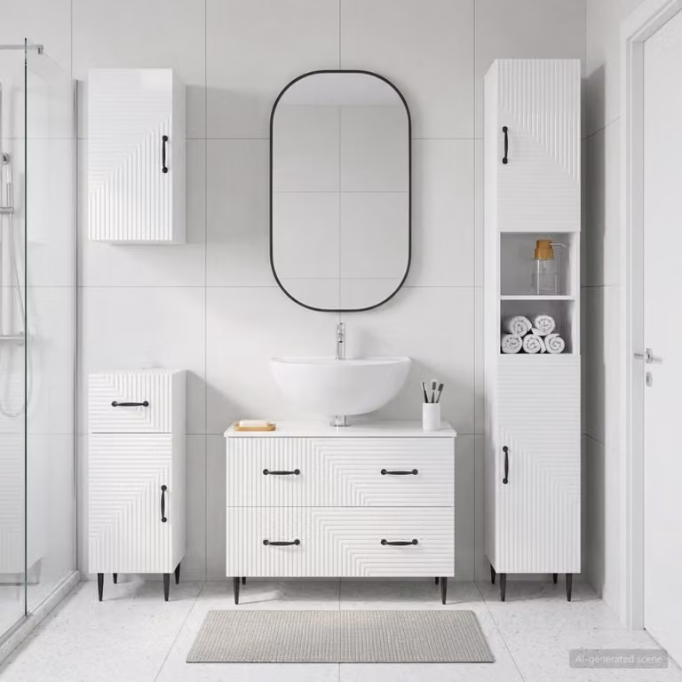 Set di mobili da bagno moderno vidaXL HAARLEM in legno bianco lucido composto da 4 pezzi con mobile sottolavabo e pensile a muro