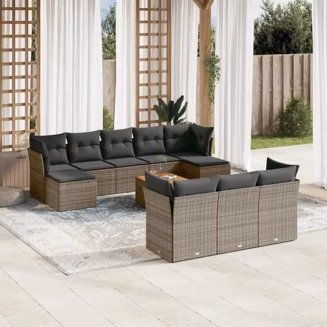 Set di Divani da Giardino Moderno vidaXL in Polyrattan Grigio con Cuscini e Tavolino da 11 Pezzi – 1