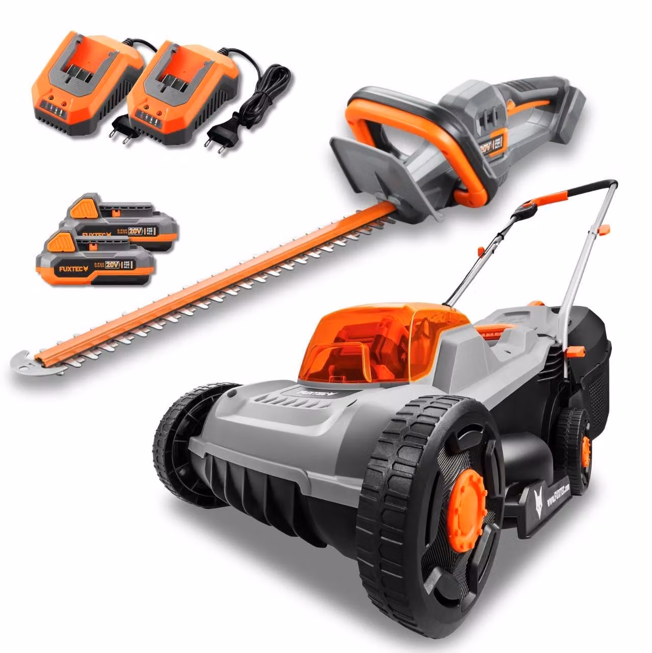 Set da giardino a batteria FUXTEC 20V FX-E1RM20ECO-SET & FX-E1HS20-SET | tosaerba e tagliasiepi a batteria | sistema di batterie intercambiabili | 2 batterie da 2Ah incl. caricatore