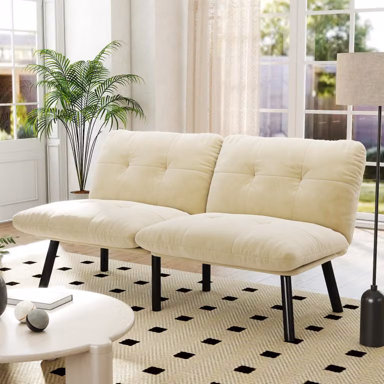 DIVANO LETTO MODFU, colore crema, divano angolare a 2 posti, design classico con struttura in metallo, imbottitura in schiuma e rivestimento in velluto, utilizzabile anche come letto, chaise longue