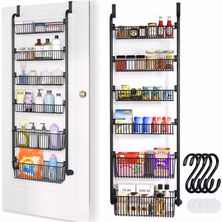 Portaspezie porta da cucina - Metallo con 6 cestini - 12 x 7 x 40 cm e 15 x 14 x 40 cm - Nero - Per cucina e bagno